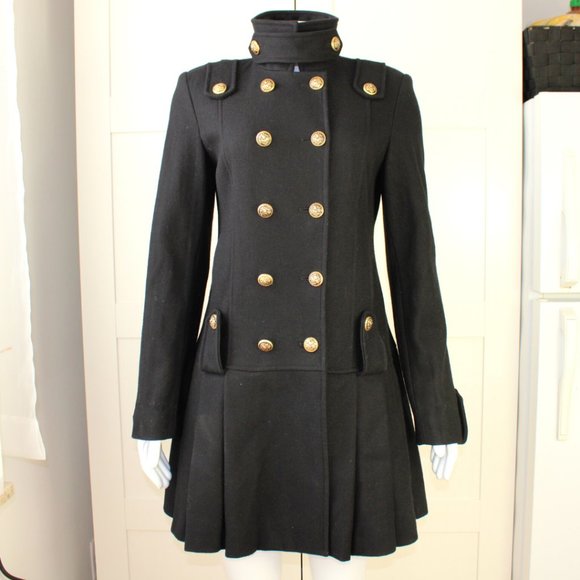 GUESS Black Wool Winter Dress Coat Gold Belt - Picture 1 of 13